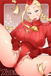 Rule 34 | 1girl, ahoge, ass, blonde hair, blue eyes, braid, breasts, cammy white, come hither, condom, condom in mouth, condom wrapper, covered erect nipples, eyelashes, eyeshadow, female focus, hat, highres, huge ahoge, pussy, large breasts, legs, leotard, lips, long hair, looking at viewer, makeup, mouth hold, naughty face, partially visible vulva, pussy, smile, solo, spread legs, spread pussy, spread pussy under clothes, street fighter, thong leotard, twin braids, uncensored, x-t3al