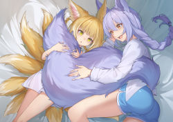 Rule 34 | 2girls, :d, absurdres, animal ears, arknights, ass, blonde hair, blue shorts, braid, commentary request, dress, fox tail, gus1999, highres, large tail, long hair, long sleeves, multiple girls, multiple tails, open mouth, parted lips, provence (arknights), purple hair, shirt, short dress, short shorts, shorts, single braid, smile, spaghetti strap, suzuran (arknights), tail, thighs, white dress, white shirt, wolf ears, wolf tail, yellow eyes