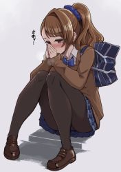 Rule 34 | 10s, 1girl, bag, beatrix (granblue fantasy), black pantyhose, blue bow, blue bowtie, blush, bow, bowtie, breath, breathing on hands, brown eyes, brown footwear, brown hair, brown sweater, casual, collared shirt, commentary request, eyelashes, granblue fantasy, grey background, hair ornament, hair scrunchie, hanauna, japanese text, loafers, long hair, long sleeves, miniskirt, own hands together, panties, panties under pantyhose, pantyhose, pigeon-toed, plaid, plaid skirt, pleated skirt, school bag, school uniform, scrunchie, shadow, shirt, shoes, shoulder bag, simple background, sitting, skirt, solo, steam, sweater, text focus, translation request, underwear, white shirt