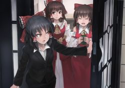 Rule 34 | 3girls, ascot, black hair, black suit, blush, bow, brown eyes, brown hair, closed eyes, closed mouth, collar, cookie (touhou), cup, detached sleeves, door, doorway, dress, facing another, facing viewer, formal, frilled collar, frills, hair bow, hair ornament, hair tubes, hakurei reimu, half updo, holding, ichiba youichi, kanna (cookie), looking at another, manatsu no yo no inmu, multiple girls, open mouth, red bow, red dress, reu (cookie), ribbon-trimmed sleeves, ribbon trim, sananana (cookie), shirt, short hair, sidelocks, smile, suit, touhou, white shirt, yunomi