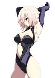 Rule 34 | 1girl, armpits, arms up, bare legs, black gloves, black leotard, breasts, cleavage, cleavage cutout, clothing cutout, elbow gloves, expressionless, fate/grand order, fate (series), female focus, gloves, gluteal fold, kaname nagi, large breasts, legs, leotard, mash kyrielight, multicolored clothes, multicolored gloves, navel, navel cutout, pink hair, purple eyes, purple gloves, revealing clothes, serious, short hair, simple background, solo, standing, thighhighs, type-moon, white background
