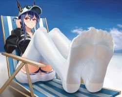 Rule 34 | 1girl, arknights, bare legs, baseball cap, beach, beach chair, black jacket, blue hair, blue sky, blush, bm (bm364364), breasts, ch&#039;en (arknights), ch&#039;en the holungday (arknights), chinese commentary, cloud, cloudy sky, dated, day, dragon horns, eyewear on head, feet, foot focus, full body, hair between eyes, hat, highres, horns, horns through headwear, jacket, knees up, legs together, long hair, looking at viewer, medium breasts, miniskirt, no tail, official alternate costume, outdoors, parted lips, red eyes, sidelocks, sitting, skirt, sky, socks, soles, solo, sunglasses, thigh strap, thighhighs, twitter username, white hat, white skirt, white thighhighs
