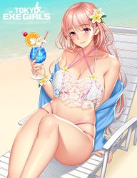 Rule 34 | 1girl, bandeau, bare legs, bare shoulders, beach, beach chair, bikini, blush, breasts, cleavage, closed mouth, collarbone, copyright name, criss-cross halter, cup, day, drink, drinking glass, flower, hair flower, hair ornament, halterneck, highres, large breasts, long hair, looking at viewer, pink bikini, pink hair, purple eyes, re:shimashima, shawl, sitting, smile, solo, swimsuit, tokyo exe girls