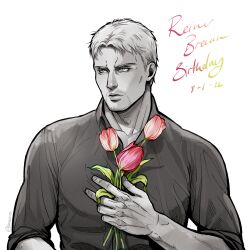 Rule 34 | 1boy, bara, brauniesb, collared shirt, facial hair, flower, goatee stubble, greyscale, happy birthday, highres, holding, holding flower, male focus, monochrome, mustache stubble, pectoral cleavage, pectorals, pink flower, pink tulip, reiner braun, shingeki no kyojin, shirt, short hair, solo, spot color, stubble, toned, toned male, tulip, upper body