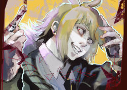 Rule 34 | 1boy, absurdres, antenna hair, collared shirt, earrings, grey jacket, grin, hands up, highres, index finger raised, jacket, jewelry, kyuuba melo, male focus, multicolored background, outline, ring, sharp teeth, shirazu ginshi, shirt, short hair, smile, solo, teeth, tokyo ghoul, tokyo ghoul:re, white outline