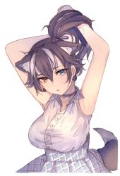 Rule 34 | 10s, 1girl, alternate costume, alternate hairstyle, ancolatte (onikuanco), animal ears, armpits, arms behind head, arms up, bad id, bad twitter id, bare arms, bare shoulders, black hair, blue eyes, breasts, choker, dress, earrings, grey wolf (kemono friends), hair tie, hair up, hands in hair, heterochromia, highres, jewelry, kemono friends, large breasts, long hair, looking at viewer, multicolored hair, silver hair, simple background, sleeveless, sleeveless dress, solo, tail, upper body, white background, wolf ears, wolf tail, yellow eyes