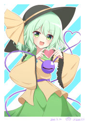 Rule 34 | 1girl, :d, absurdres, black footwear, black hat, blouse, blush, boots, border, bow, buttons, cowboy shot, dated, diamond button, eyeball, frilled shirt collar, frilled sleeves, frills, green eyes, green hair, green skirt, hair between eyes, hat, hat bow, hat ribbon, head tilt, heart, heart hands, heart of string, highres, koishi day, komeiji koishi, long sleeves, looking at viewer, medium hair, open mouth, ribbon, shirt, signature, skirt, smile, solo, standing, third eye, touhou, twitter username, two-tone background, wavy hair, white border, wide sleeves, yellow bow, yellow ribbon, yellow shirt, youka1258