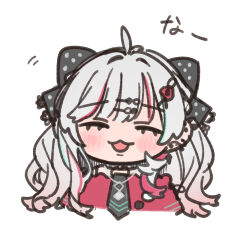 Rule 34 | 1girl, :3, ahoge, black bow, black choker, black necktie, blush, bow, chibi, choker, closed eyes, commentary request, cropped torso, grey hair, hair bow, hair ornament, hairclip, ishigami nozomi, kashikaze, long hair, multicolored hair, necktie, nijisanji, open mouth, polka dot, polka dot bow, red hair, red shirt, shirt, simple background, sketch, smile, solo, streaked hair, translation request, upper body, virtual youtuber, white background