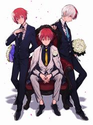 Rule 34 | 10s, 3boys, akashi seijuurou, arm behind back, armchair, black footwear, black necktie, black pants, black ribbon, black shirt, blue necktie, boku no hero academia, bouquet, burn scar, buttons, chair, closed mouth, collared shirt, confetti, cross-laced footwear, crossover, dress shirt, ensemble stars!, flower, formal, frown, full body, grey jacket, grey pants, hair between eyes, hand on own chest, heterochromia, highres, holding, holding bouquet, jacket, jacket on shoulders, kuroko no basuke, long sleeves, looking at viewer, male focus, mayer, multicolored hair, multiple boys, multiple crossover, necktie, no socks, own hands together, pant suit, pants, profile, purple eyes, red eyes, red hair, ribbon, rose, scar, shadow, shirt, shoes, sitting, standing, suit, suou tsukasa, todoroki shouto, trait connection, two-tone hair, white background, white flower, white hair, white rose, white shirt, yellow eyes, yellow necktie