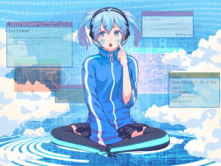 Rule 34 | 1girl, bad id, bad pixiv id, blue eyes, blue hair, collared jacket, ene (kagerou project), jacket, kagerou project, kuuran (mmeno), matching hair/eyes, skirt, sky, solo, striped clothes, striped jacket, track jacket