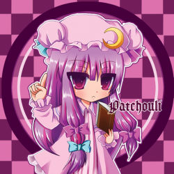 Rule 34 | 1girl, bad id, bad pixiv id, bow, character name, crescent, crescent hat ornament, female focus, hat, hat ornament, long hair, nonoko, patchouli knowledge, pink bow, purple eyes, purple hair, solo, touhou, yuuka nonoko