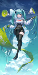 Rule 34 | 1girl, aqua eyes, aqua hair, black footwear, blouse, boots, breasts, cloud, covered navel, cumulonimbus cloud, day, flag, floating, full body, gloves, green gloves, hatsune miku, highres, holding, large breasts, long hair, long sleeves, looking at viewer, night, night sky, racing miku, racing miku (2022), shirt, shorts, sky, smile, solo, star (sky), thigh boots, thighhighs, tokkyu, twintails, very long hair, vocaloid, white shirt
