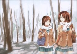 Rule 34 | 2girls, :d, bad id, bad pixiv id, bag, bow, brown eyes, brown hair, buttons, day, holding hands, handbag, jacket, multiple girls, open mouth, original, outdoors, scarf, skirt, smile, snow, syou (endemic species), tree
