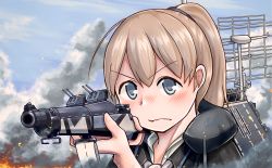 Rule 34 | 1girl, aiming, bad anatomy, black shirt, blue eyes, bolt action, brown hair, character name, cloud, commentary, day, fire, flight deck, intrepid (kancolle), kantai collection, m1903 springfield, neck pillow, owada (kousonhuchi), ponytail, rifle, shirt, short hair, smoke, solo, upper body, white neckwear