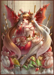 Rule 34 | 1girl, :p, bare shoulders, blush, breasts, brown hair, cat, chocolate, cleavage, cream, demon girl, demon tail, demon wings, detached sleeves, emperpep, food, fruit, high heels, horns, kiwi (fruit), large breasts, long hair, looking at viewer, multicolored hair, original, red eyes, smile, socks, solo, striped clothes, striped socks, striped thighhighs, tail, thighhighs, tongue, tongue out, twintails, two-tone hair, vertical-striped clothes, vertical-striped thighhighs, very long hair, white hair, white socks, white thighhighs, wings