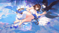 Rule 34 | 1girl, animal, artist name, atdan, azur lane, bald eagle, bare arms, bare legs, bare shoulders, bird, blue flower, blue ribbon, blue sky, breasts, brown hair, building, commentary, day, dress, eagle, flower, hair ornament, hairclip, high heels, independence (azur lane), large breasts, long hair, looking at viewer, low ponytail, lying, mole, on side, outdoors, parted lips, petals, red eyes, reflection, ribbon, ripples, rose, sky, sleeveless, sleeveless dress, solo, sunlight, thighs, toes, very long hair, water, white dress