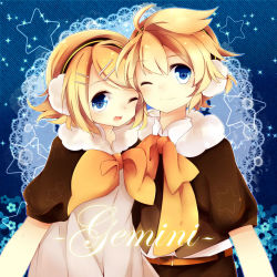 Rule 34 | 1boy, 1girl, bad id, bad pixiv id, blonde hair, blue eyes, brother and sister, earmuffs, gemini (vocaloid), hair ornament, hairclip, kagamine len, kagamine rin, leeannpippisum, looking at viewer, one eye closed, project diva (series), project diva 2nd, short hair, siblings, smile, twins, vocaloid, wink