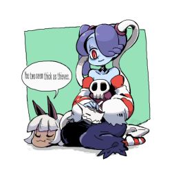 Rule 34 | 2girls, 770mk, animal ears, bare shoulders, blue hair, blue skin, cat ears, colored skin, detached collar, detached sleeves, closed eyes, leviathan (skullgirls), monster girl, ms. fortune (skullgirls), multiple girls, red eyes, scar, severed head, short hair, skullgirls, smile, squigly (skullgirls), stitched mouth, stitches, white hair, zombie