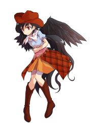 Rule 34 | 1girl, alphes (style), black hair, black wings, boots, brown footwear, brown hat, closed mouth, commentary request, cowboy hat, dairi, feathered wings, full body, hand on own stomach, hat, highres, horse tail, kurokoma saki, long hair, looking at viewer, neckerchief, orange skirt, parody, ponytail, puffy short sleeves, puffy sleeves, red eyes, short sleeves, skirt, smile, solo, style parody, tachi-e, tail, touhou, transparent background, very long hair, white neckerchief, wings