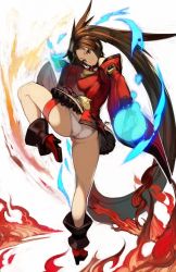 Rule 34 | 1girl, ankle boots, ass, bad id, bad twitter id, bare shoulders, belt, boots, brown eyes, brown hair, detached sleeves, dress, fire, frilled dress, frills, guilty gear, guilty gear xrd, hair ornament, hair rings, hair tubes, hairclip, high heel boots, high heels, highres, impossible clothes, impossible dress, inactive account, kneepits, kuradoberi jam, leg up, long hair, long sleeves, npa (sirokurokuma), panties, pantyshot, red dress, red footwear, short dress, simple background, smile, solo, standing, standing on one leg, thigh strap, underwear, very long hair, white panties