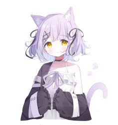 Rule 34 | 1girl, animal ears, bare shoulders, black choker, black jacket, black ribbon, blush, cat ears, cat girl, cat tail, choker, closed mouth, collarbone, commentary request, cropped torso, deyui, dress, frilled dress, frilled sleeves, frills, hair ornament, hair ribbon, hairclip, highres, jacket, kemonomimi mode, long sleeves, looking at viewer, off shoulder, open clothes, open jacket, purple hair, ribbon, shinomiya runa, shinomiya runa (1st costume), simple background, sleeveless, sleeveless dress, sleeves past fingers, sleeves past wrists, solo, tail, tail raised, upper body, virtual youtuber, vspo!, white background, white dress, x hair ornament, yellow eyes