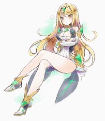 Rule 34 | 1girl, armor, bad id, bad twitter id, blonde hair, blush, breasts, chion (yukina), cleavage, dress, gloves, highres, large breasts, long hair, looking at viewer, mythra (xenoblade), nintendo, solo, white background, xenoblade chronicles (series), xenoblade chronicles 2, yellow eyes