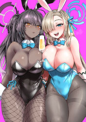 Rule 34 | 2girls, absurdres, alternate costume, animal ears, asuna (blue archive), asuna (bunny) (blue archive), bare shoulders, between breasts, black hair, black leotard, blonde hair, blue archive, blue bow, blue eyes, blue leotard, blush, bow, bowtie, breasts, champagne flute, cleavage, cup, curvy, dark-skinned female, dark skin, detached collar, drinking glass, fake animal ears, fishnet legwear, fishnets, grey legwear, hair over one eye, highleg, highleg leotard, highres, karin (blue archive), karin (bunny) (blue archive), large breasts, leotard, long hair, looking at viewer, mole, mole on breast, multiple girls, nekoguchi, official alternate costume, open mouth, pantyhose, pink background, playboy bunny, rabbit ears, rabbit tail, shiny clothes, shiny skin, simple background, smile, tail, thighband pantyhose, thong leotard, traditional bowtie, very long hair, wide hips, yellow eyes