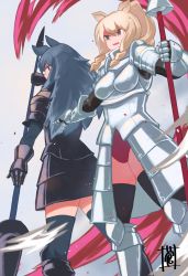 Rule 34 | 10s, 2girls, absurdres, animal ears, armor, black armor, black legwear, black rhinoceros (kemono friends), blonde hair, blue eyes, blue hair, brown eyes, drill hair, eyebrows, gauntlets, hair between eyes, highres, holding, holding polearm, holding spear, holding weapon, kemono friends, left-handed, legs apart, leotard, leotard under clothes, long hair, multiple girls, open mouth, outstretched arm, pauldrons, pink leotard, polearm, ponytail, rhinoceros ears, ringlets, shoulder armor, sou (pale 1080), spear, standing, teeth, thighhighs, v-shaped eyebrows, weapon, white rhinoceros (kemono friends)
