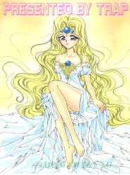 Rule 34 | 1girl, bare shoulders, barefoot, blonde hair, blue eyes, circlet, dress, emeraude (rayearth), full body, highres, long hair, looking at viewer, magic knight rayearth, parted bangs, sitting, smile, solo, strapless, strapless dress, urano mami, white dress, yellow background