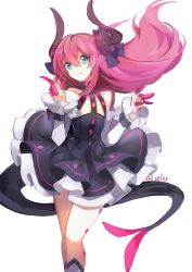 Rule 34 | 1girl, animal ears, black dress, blush, commentary, curled horns, detached sleeves, dragon girl, dragon horns, dragon tail, dress, elizabeth bathory (fate), elizabeth bathory (fate/extra ccc), elizabeth bathory (first ascension) (fate), fate/grand order, fate (series), feet out of frame, flat chest, grey socks, hands up, horns, index finger raised, kneehighs, layered dress, long hair, long sleeves, looking at viewer, parted lips, pink hair, sidelocks, simple background, smile, socks, solo, standing, symbol-only commentary, tail, tareme, twitter username, very long hair, vilor, white background, white sleeves