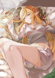 Rule 34 | 1girl, absurdres, ahoge, bed sheet, blonde hair, breasts, butterfly hair ornament, collarbone, hair ornament, highres, lichael, long hair, long sleeves, lying, midriff, navel, nijisanji, nijisanji en, one eye closed, pillow, pointy ears, pomu rainpuff, red eyes, shorts, signature, small breasts, solo, sweater, virtual youtuber, waking up, white shorts, white sweater