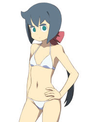 Rule 34 | 1girl, :|, ahoge, arm behind back, armpits, bare shoulders, bikini, blue hair, bob cut, bow, breasts, closed mouth, constanze amalie von braunschbank-albrechtsberger, contrapposto, cowboy shot, green eyes, hair bow, hair ornament, halterneck, hand on own hip, little witch academia, long hair, looking at viewer, navel, red bow, satochi, simple background, small breasts, solo, string bikini, swimsuit, thick eyebrows, very long hair, white background, white bikini