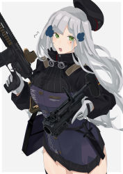 Rule 34 | 1girl, :o, artist name, assault rifle, bag, beret, black skirt, breasts, feet out of frame, girls&#039; frontline, gloves, green eyes, gun, h&amp;k hk416, hair between eyes, hair ornament, hairclip, hat, highres, hk416 (girls&#039; frontline), holding, holding bag, holding gun, holding weapon, jacket, knife sheath, knife sheath, long hair, looking at viewer, medium breasts, open mouth, rifle, sheath, silver hair, skirt, solo, standing, sutekina awa, tactical clothes, teardrop facial mark, teardrop tattoo, weapon, white background, white gloves