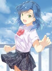 Rule 34 | 1girl, :d, blue hair, blush, braid, cloud, cloudy sky, commentary request, day, fence, grey skirt, idolmaster, idolmaster million live!, idolmaster million live! theater days, looking at viewer, nanao yuriko, nyuriko, open mouth, plaid, plaid skirt, pleated skirt, reaching, reaching towards viewer, red ribbon, ribbon, round teeth, school uniform, shirt, short hair, short sleeves, skirt, sky, smile, solo, teeth, white shirt, yellow eyes