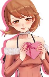 Rule 34 | 1girl, bare shoulders, blush, box, breasts, brown eyes, brown hair, choker, closed mouth, collarbone, earrings, eyelashes, fur-trimmed shirt, fur trim, gift, gift box, hands up, heart-shaped box, highres, holding, holding gift, jewelry, long sleeves, looking at viewer, medium breasts, medium hair, n7grey, off-shoulder shirt, off shoulder, official alternate costume, persona, persona 3, pink shirt, shadow, shirt, smile, solo, stud earrings, swept bangs, takeba yukari, upper body, valentine, white background, white choker