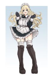Rule 34 | 1girl, alternate costume, apron, atago (kancolle), black dress, black footwear, black gloves, blonde hair, boots, cross-laced footwear, dress, enmaided, frilled apron, frilled dress, frills, full body, garter straps, gloves, green eyes, highres, kantai collection, lace-up boots, long hair, maid, maid headdress, mochizou, smile, solo, thigh boots, w arms, white apron