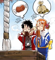 Rule 34 | 1boy, 1girl, aji of aji55, black hair, blue kimono, breath, brown gloves, closed eyes, coin, day, flower, food, frown, fur trim, gloves, gold coin, hair flower, hair ornament, highres, japanese clothes, kimono, meat, medium hair, money bag, monkey d. luffy, nami (one piece), obi, one piece, orange hair, outdoors, praying, red kimono, rope, sash, scar, scar on face, scarf, shimenawa, short hair, sweatdrop, thought bubble, winter clothes, yellow scarf