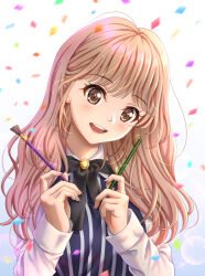 Rule 34 | 1girl, animification, black bow, bow, brown eyes, brown hair, chinese commentary, collared shirt, confetti, head tilt, highres, holding, holding paintbrush, izone, k-pop, long sleeves, looking at viewer, mixed-language commentary, open mouth, paintbrush, portrait, real life, shirt, smile, solo, striped clothes, striped vest, vertical stripes, vest, white shirt, yabuki nako, yohane yoshiko