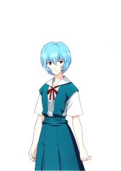 Rule 34 | 1girl, absurdres, ayanami rei, blue hair, blue skirt, collared shirt, dress shirt, highres, khara (animation studio), looking at viewer, neon genesis evangelion, official art, red eyes, scan, school uniform, shirt, simple background, skirt, smile, solo, suspender skirt, suspenders, tokyo-3 middle school uniform, white background, white shirt