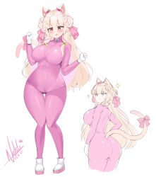 Rule 34 | 1girl, absurdres, ainya (vtuber), animal ears, ass, blonde hair, bodysuit, bow, breasts, cat ears, cat girl, cat tail, commentary, crab, dated, english commentary, gloves, hair bow, hair ornament, hair ribbon, highres, indie virtual youtuber, large breasts, latex, latex bodysuit, long hair, multiple views, natch imaycz, pink bodysuit, pink bow, pink ribbon, ribbon, sidelocks, signature, simple background, star (symbol), tail, tail bow, tail ornament, virtual youtuber, white background, white footwear, white gloves, x hair ornament