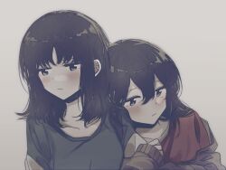 Rule 34 | 2girls, black hair, blunt bangs, blush, breasts, chinese commentary, closed mouth, collarbone, commentary request, grey background, grey shirt, hair between eyes, head on another&#039;s shoulder, hug, inuko (ink0425), long hair, long sleeves, looking at viewer, medium hair, multiple girls, original, red shirt, shirt, simple background, small breasts, upper body, white background, yuri