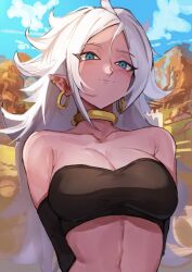 Rule 34 | 1girl, android 21, black tube top, blush, breasts, cleavage, colored skin, detached sleeves, dragon ball, dragon ball fighterz, earrings, highres, hoop earrings, jewelry, large breasts, long hair, looking at viewer, majin android 21, nasubin (nasubisamurai15), navel, pants, pink skin, pointy ears, red eyes, solo, strapless, tail, tube top, white hair