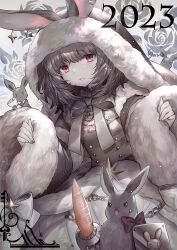 Rule 34 | 1girl, animal ears, black bow, black bowtie, bow, bowtie, brown coat, brown hair, carrot, chain, coat, dated, ear piercing, food-themed weapon, fur-trimmed hood, fur-trimmed sleeves, fur trim, hood, looking at viewer, medium hair, nengajou, new year, piercing, rabbit, rabbit ears, red eyes, rinko (mg54), shield, snowing, white bow, wide sleeves
