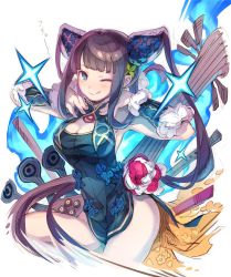 Rule 34 | 1girl, blue eyes, blue fire, breasts, cleavage, cleavage cutout, clothing cutout, dress, fate/grand order, fate (series), fire, hair ornament, haku (sabosoda), instrument, large breasts, leaf hair ornament, long hair, one eye closed, purple hair, solo, tongue, tongue out, twintails, yang guifei (fate), yang guifei (second ascension) (fate)