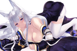 Rule 34 | 1girl, all fours, animal ears, ass, azur lane, bare shoulders, blue eyes, blush, breasts, cait aron, cleavage, collarbone, fox ears, highres, large breasts, long hair, long sleeves, looking at viewer, no tail, off shoulder, shinano (azur lane), silver hair, simple background, thighhighs, white background, white thighhighs, wide sleeves