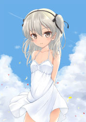 Rule 34 | 1girl, arms behind back, bare arms, bare shoulders, black bow, black hairband, blue sky, blush, bow, breasts, brown eyes, closed mouth, cloud, collarbone, commentary request, day, dress, flipper, frilled dress, frills, girls und panzer, grey hair, hair bow, hairband, highres, long hair, looking at viewer, one side up, outdoors, petals, shimada arisu, sky, sleeveless, sleeveless dress, small breasts, smile, solo, white dress