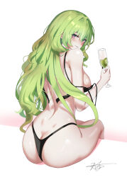 Rule 34 | 1girl, ass, bare shoulders, black bra, bra, breasts, butt crack, chaciooh, cup, gradient eyes, green eyes, green hair, highres, holding, holding cup, honkai (series), honkai impact 3rd, large breasts, long hair, looking at viewer, looking back, mobius (honkai impact), multicolored eyes, nipples, slit pupils, smile, solo, underwear, underwear only, unfastened, wavy hair, white background