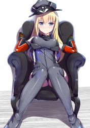 Rule 34 | 10s, 1girl, armchair, bismarck (kancolle), blonde hair, blue eyes, blush, breasts, chair, hat, henet hene, kantai collection, long hair, looking at viewer, medium breasts, peaked cap, simple background, sitting, solo, thighhighs