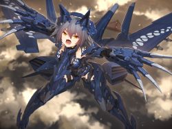 Rule 34 | 1girl, ace combat, aircraft, airplane, armor, blurry, blurry background, bodysuit, breasts, claw (weapon), cloud, commentary request, flying, gaf-1, golden gate bridge, grey hair, hair between eyes, headgear, highres, machinery, mecha musume, mechanical wings, missile, open mouth, personification, short hair, solo, tom-neko (zamudo akiyuki), tongue, weapon, wings, yellow eyes