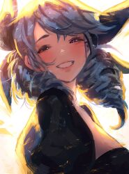Rule 34 | 1girl, absurdres, backlighting, black sleeves, blush, breasts, closed eyes, drill hair, facing to the side, facing viewer, female focus, from side, green hair, grin, gwen (league of legends), highres, jjugumibeeo (uuuumchit), large breasts, league of legends, long hair, puffy short sleeves, puffy sleeves, short sleeves, simple background, smile, solo, teeth, twin drills, twintails, white background